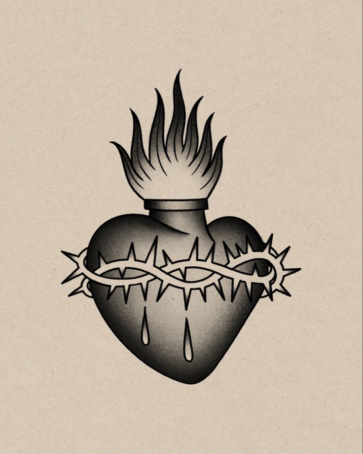 a black and white drawing of a heart with flames coming out of it