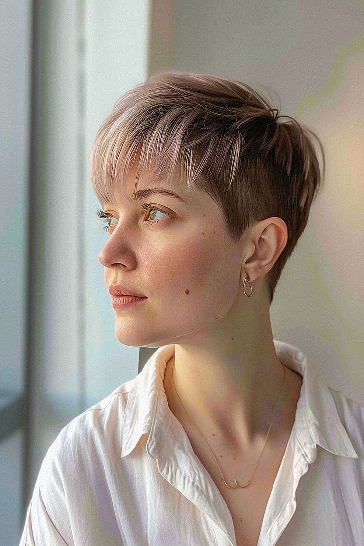 Close-up of a woman with a wispy layered pixie cut Layered Haircuts For Fine Hair, Feathery Layers, Fine Hair Cuts, Layered Pixie Cut, Short Haircuts With Bangs, Layered Pixie, Short Shag Haircuts, Perfect Hairstyle, Side Swept Bangs