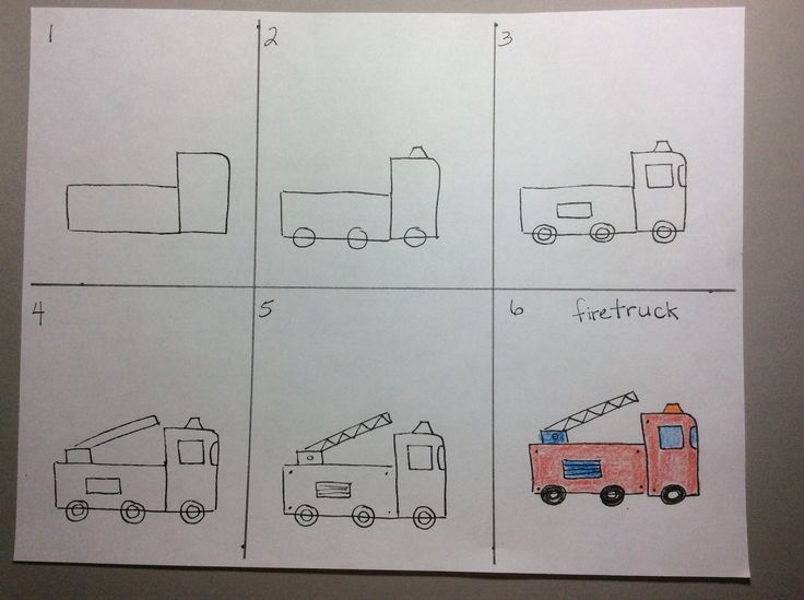 a drawing of different types of trucks and firetrucks on white paper with black lines