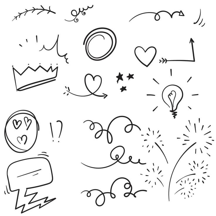 hand drawn doodles with different shapes and sizes on white paper, including hearts, arrows