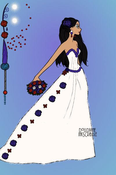 a drawing of a woman in a wedding dress holding a sparkler and flower bouquet