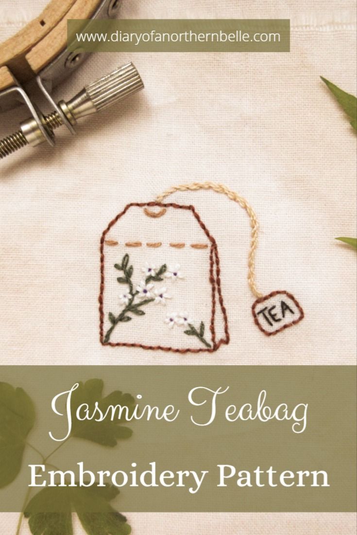 embroidered teabag with jasmine flowers Tea Party Embroidery, Simple Tea Towel Embroidery, Tea Pot Embroidery, Coffee Embroidery Patterns Free, Tea Embroidery Patterns, Tea Bag Embroidery, Teabag Embroidery, Teacup Embroidery, Jasmine Embroidery