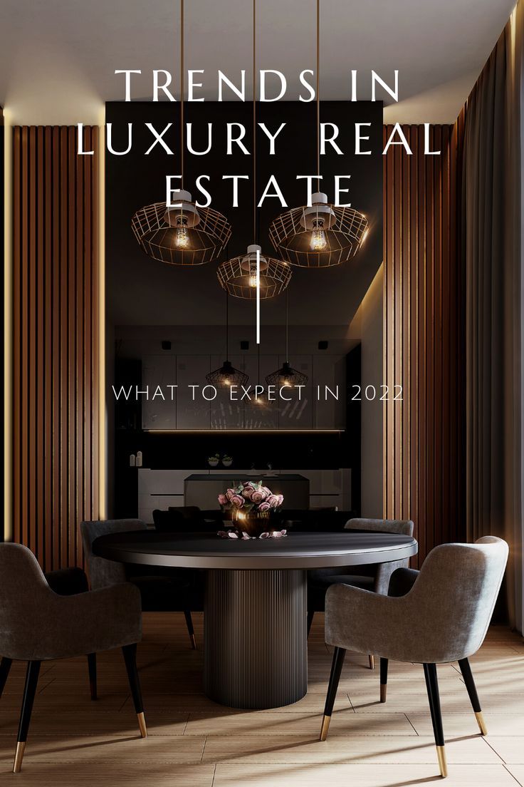 A luxury dining room with sleek decor that shows what to expect in luxury real estate trends for 2022 Inmobiliaria Ideas, Luxury Real Estate Agent, Luxury Real Estate Marketing, Real Estate Marketing Design, Real Estate Ads, Real Estates Design, Real Estate Office, Realestate Marketing, Luxury Property