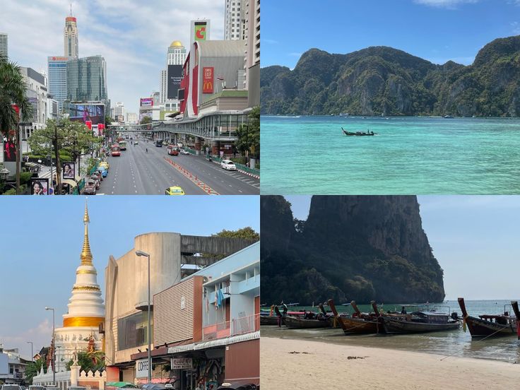 there are many different pictures in this collage with buildings and boats on the water