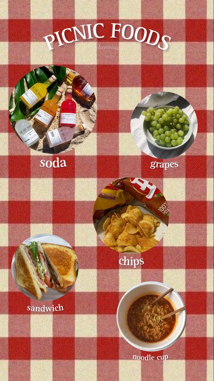 picnic foods are shown on a red and white checkered tablecloth with the words picnic foods