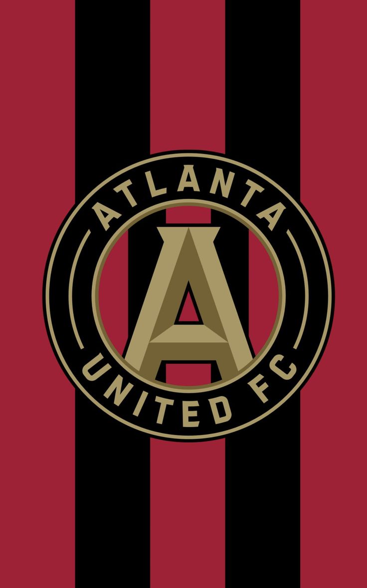 the atlanta united logo on a red and black striped background