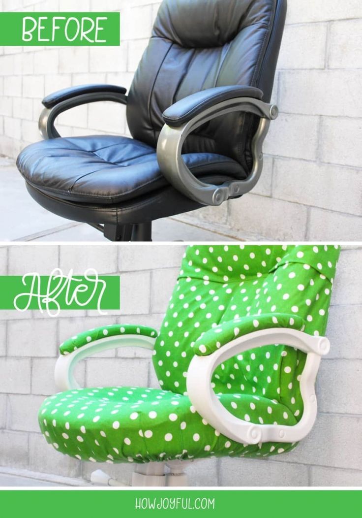 an office chair that has been painted green and white with the words how to reuphol