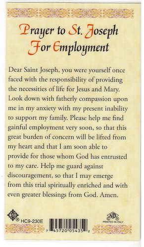 the back cover of prayer to st joseph for employment, with an orange border around it