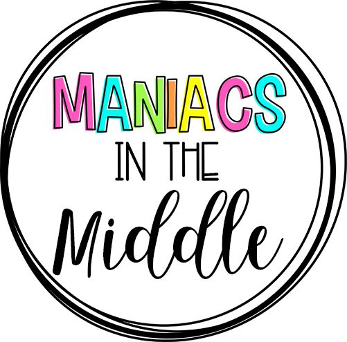 the words manias in the middle on a white circle with black and rainbow lettering