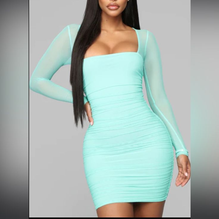 Brand New Fashion Nova Mini Dress Size Medium Nwt Chic Blue Mesh Dress For Spring, Blue Fitted Mesh Dress For Spring, Chic Blue Mesh Dress For Evening, Fitted Blue Mesh Dress For Spring, Blue Sheer Mini Dress For Spring, Sheer Blue Mini Dress For Spring, Blue Mesh Dress For Night Out, Light Blue Long Sleeve Bodycon Dress For Summer, Blue Sheer Mini Dress