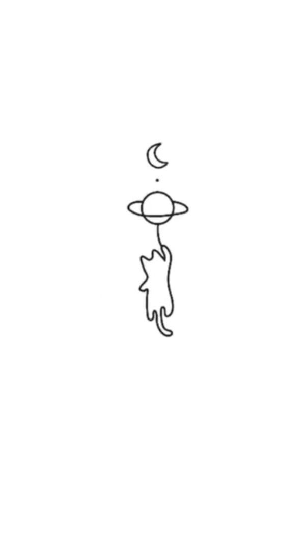 a line drawing of a cat with an object in the sky above it's head