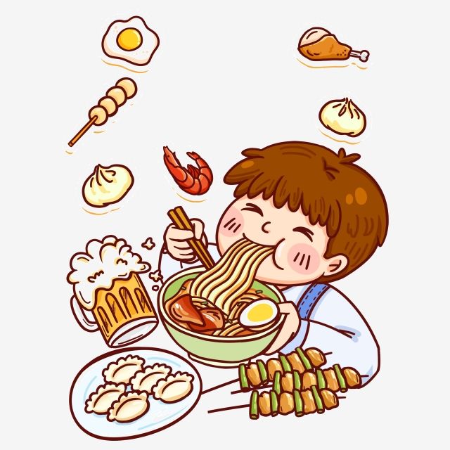 a boy eating noodles with chopsticks and other food items around him, on a white background