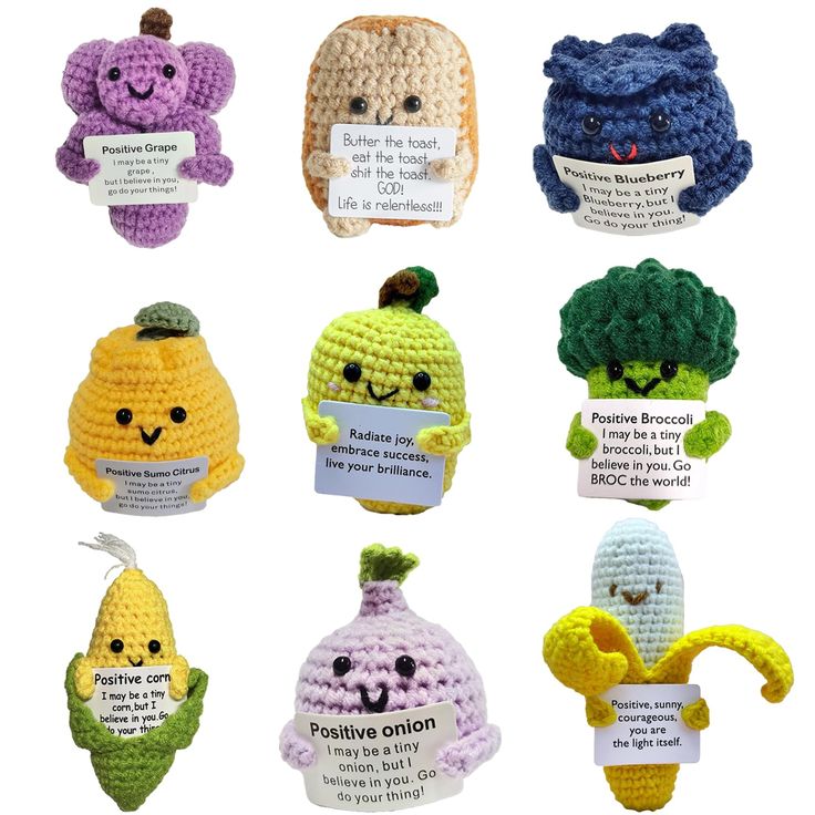 crocheted fruits and vegetables are shown with labels on their heads, including broccoli, radishes, cauliflowers