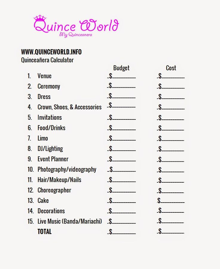 the printable list for my quinceanera is shown in pink and white