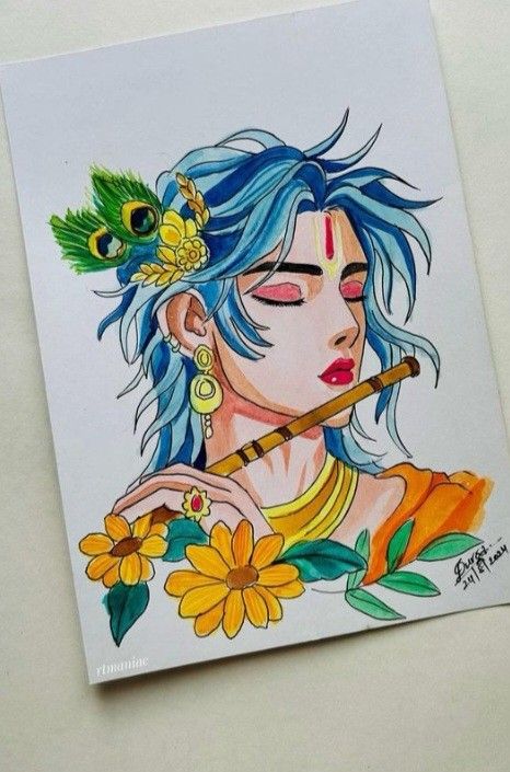 a drawing of a woman with blue hair holding a pipe and flower in her hand