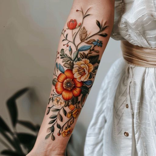 Intricate Forearm Tattoos For Women Tattoo Sketches Hungarian Tattoos For Women, Non Floral Shoulder Tattoos For Women, Jar Of Flowers Tattoo, Old School Tattoo Women, Patriotic Sleeve Tattoo, Garden Tattoos For Women, Floral Cuff Tattoo, Forest Sleeve Tattoo Women, Forearm Floral Tattoos