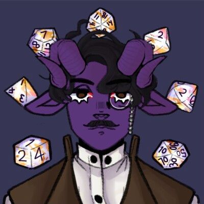 a drawing of a man with purple hair and glasses on his head surrounded by dice