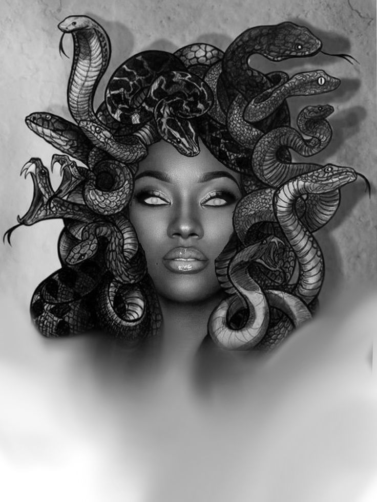 a drawing of a woman with snakes on her head