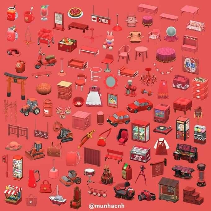 a large collection of various objects on a red background