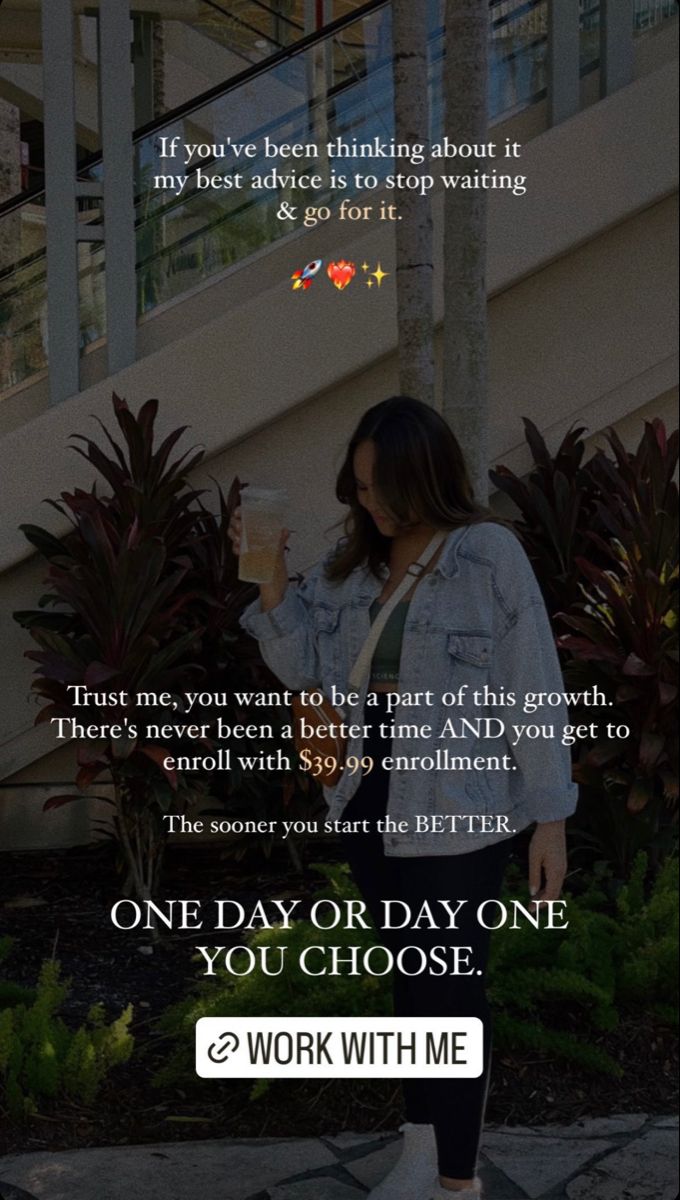 a woman standing in front of stairs with the words, one day or day one you choose