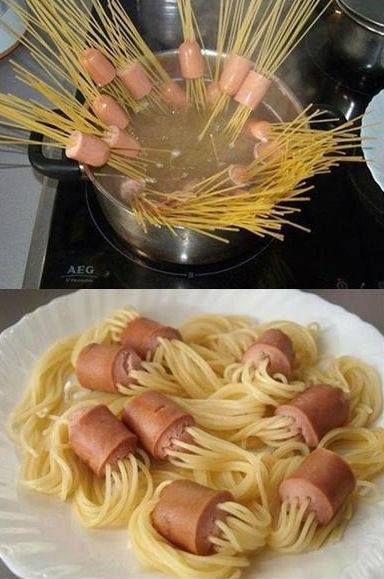 there are two pictures with spaghetti and hot dogs in them on the same plate as pasta