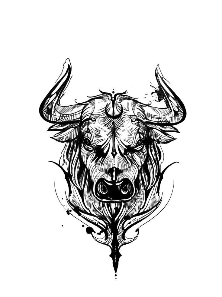 the head of a bull with long horns is drawn in black ink on a white background