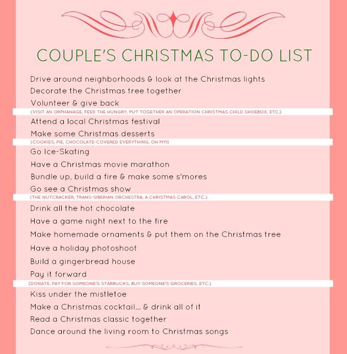 a pink christmas list with the words couples christmas to do list