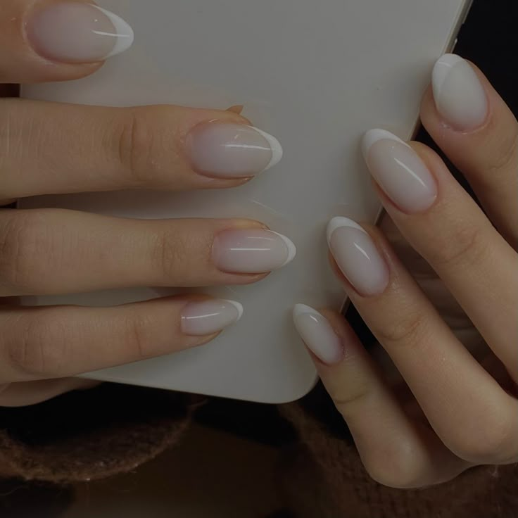 Nails french tip Milky White French Tip Nails Oval, Almond Nails Short Milky White, Sheer Cream Nails, Milky White Tips Nails, Milky White Gel Nails French, Short Milky French Tip Nails, Milky White Nail With French Tip, Milky White And White French, Almond Nail Milky White