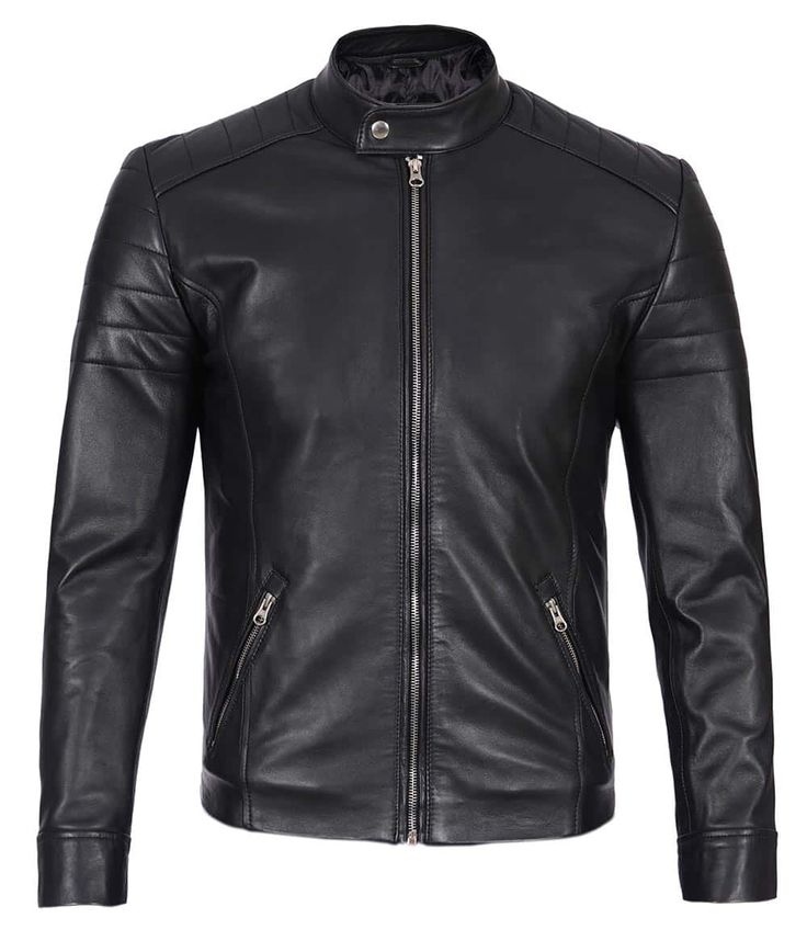 Stay Stylish & Warm on Chilly Days with Timeless Comfort
Elevate your style with the Men's Black Café Racer Leather Jacket, a timeless piece crafted from 100% genuine leather. Featuring elegant details like padded shoulders, a snap-button collar, and a sleek front zipper closure, this jacket blends classic biker aesthetics with refined craftsmanship. Whether paired with jeans for a casual edge or dressed up with a button-down shirt, you'll exude effortless sophistication. Take advantage of the s Classic Biker Jacket With Stand Collar For Work, Classic Winter Biker Jacket With Stand Collar, Winter Classic Biker Jacket With Stand Collar, Classic Long Sleeve Biker Jacket With Padded Collar, Business Leather Jacket With Padded Collar, Fitted Leather Jacket With Stand Collar For Business, Fitted Leather Jacket With Padded Collar For Winter, Fitted Leather Jacket With Padded Collar For Business, Classic Leather Jacket With Zipper Closure