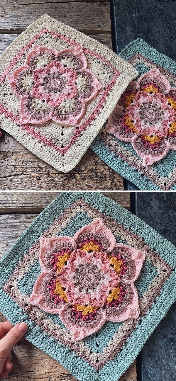 crocheted square with flowers on it being made into a coaster or pot holder