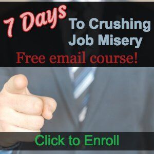 a man in a business suit pointing to the side with text that reads, 7 days to crushing job misery free email course click to enrol