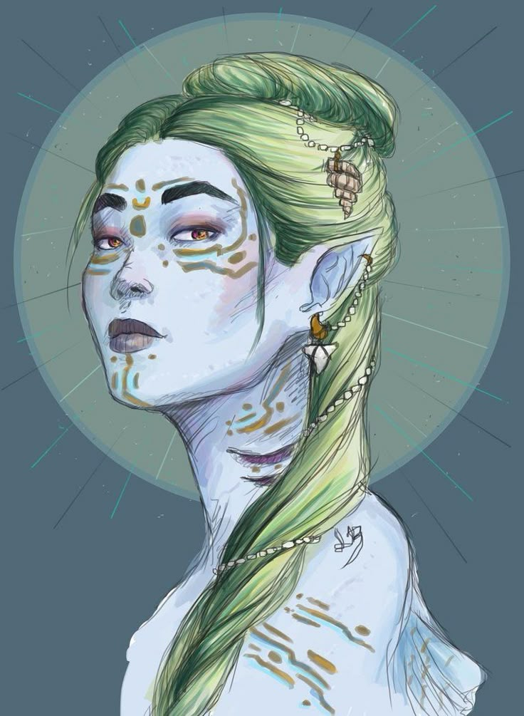 a drawing of a woman with white makeup and green hair, wearing gold jewelry on her face