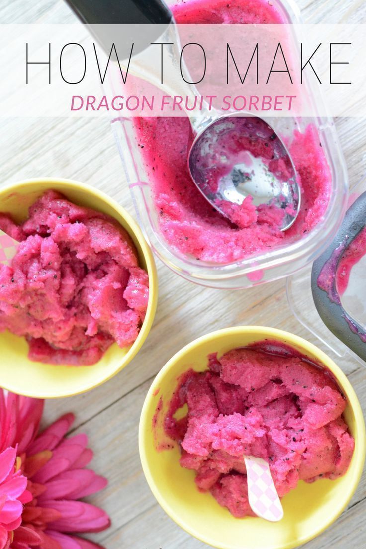 how to make dragon fruit sorbet in a plastic container with spoons and flowers