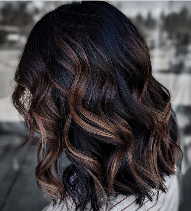 Dark Hair Color Ideas, Dark Hair Color, Black Hair Balayage, Brunette Balayage, Balayage Hair Dark, Caramel Highlights, Brown Hair Balayage, Hair Affair, Balayage Brunette