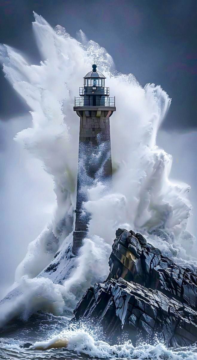 the lighthouse is surrounded by huge waves in the ocean as it stands on top of a rock