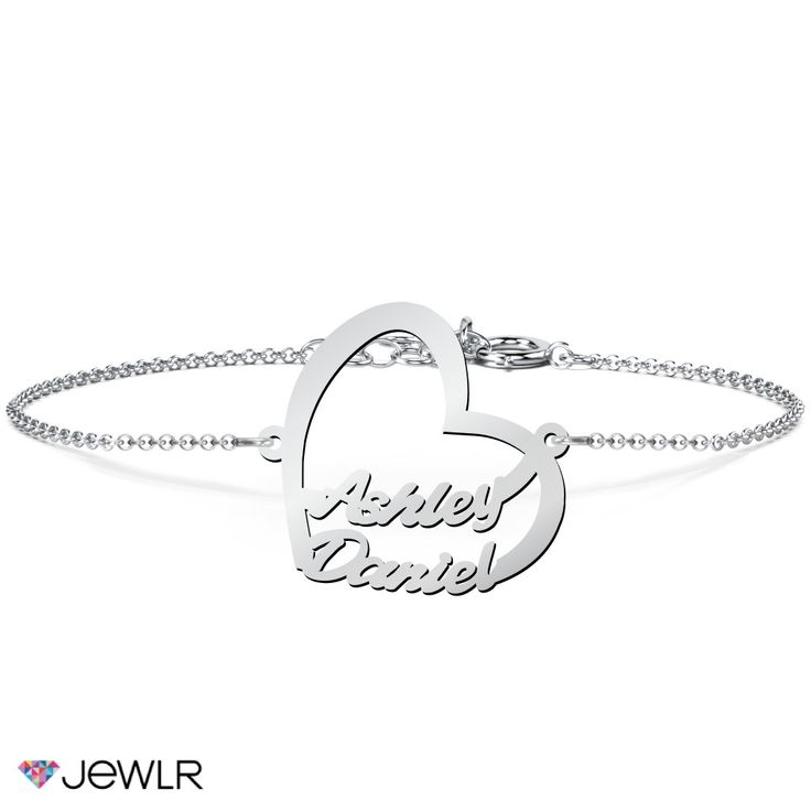 This simple and sweet cutout bracelet is perfect for friends, family, or a special someone. Customize the names inside of the delicate heart-shaped design for you and someone you love, and personalize it further with your choice of sterling silver, white or yellow gold. Give from the heart with the Written With Love Name Bracelet. Personalized Silver Name Bracelet With Heart Shape, Elegant Personalized Heart Bracelet With Name, Silver Heart-shaped Name Bracelet For Personalized Gift, Silver Heart Name Bracelet For Personalized Gift, Silver Heart Bracelet With Name, Personalized Silver Heart Name Bracelet, Silver Sterling Silver Name Bracelet For Promise, Personalized Sterling Silver Double Heart Bracelet, Personalized Sterling Silver Heart Bracelet