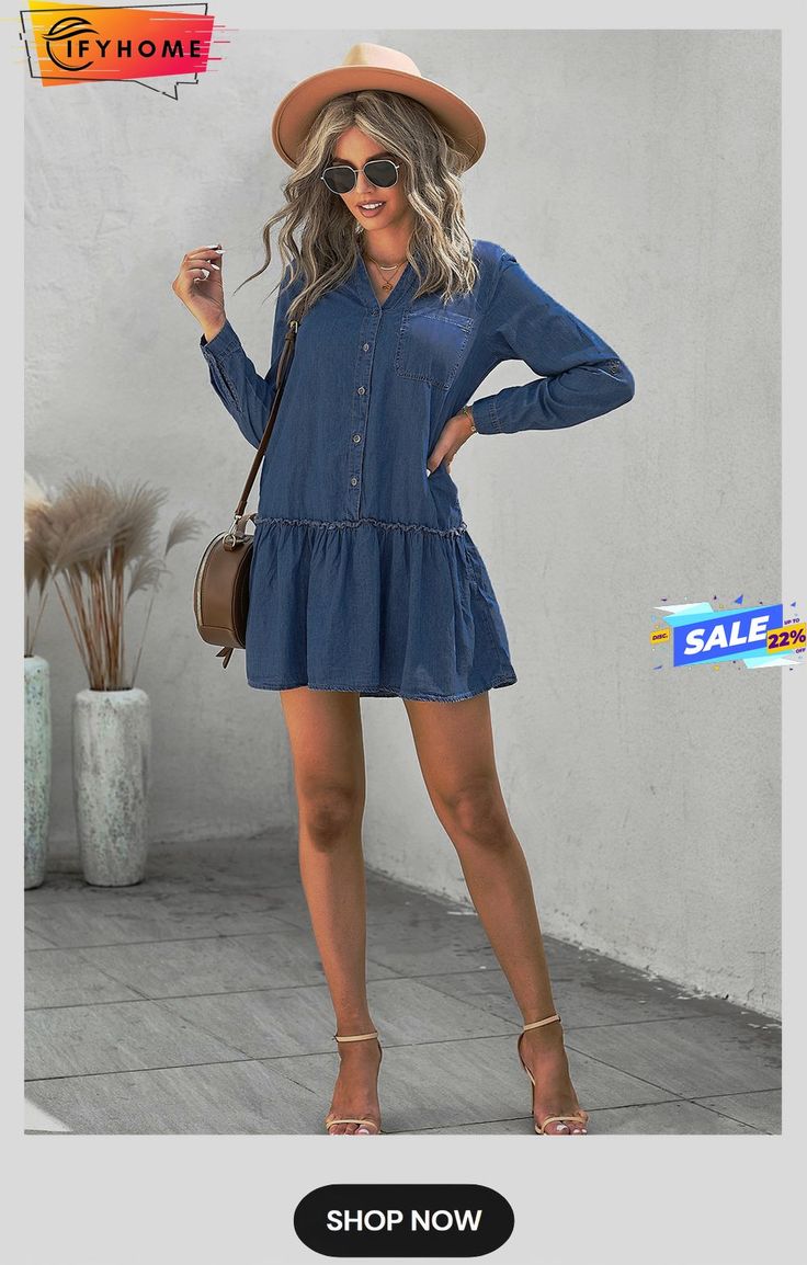 Pocketed Ruffled Denim Shirt Mini Dress Casual Shirt Dress With Ruffle Hem For Spring, Casual Cotton Ruffles Shirt Dress, Casual Button-up Mini Dress With Ruffles, Casual Cotton Shirt Dress With Ruffles, Casual Ruffled Shirt Dress For Spring, Medium Wash Denim Dress With Ruffle Hem, Knee-length Denim Dress With Ruffles, Casual Ruffle Denim Top For Fall, Casual Mini Shirt Dress With Ruffle Hem