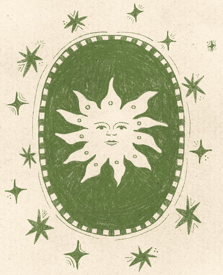 the sun is surrounded by stars in this green and white drawing, which appears to be from an early 20th century book