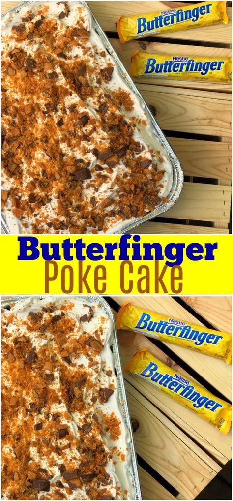 butterfingerer poke cake is shown in two different pictures