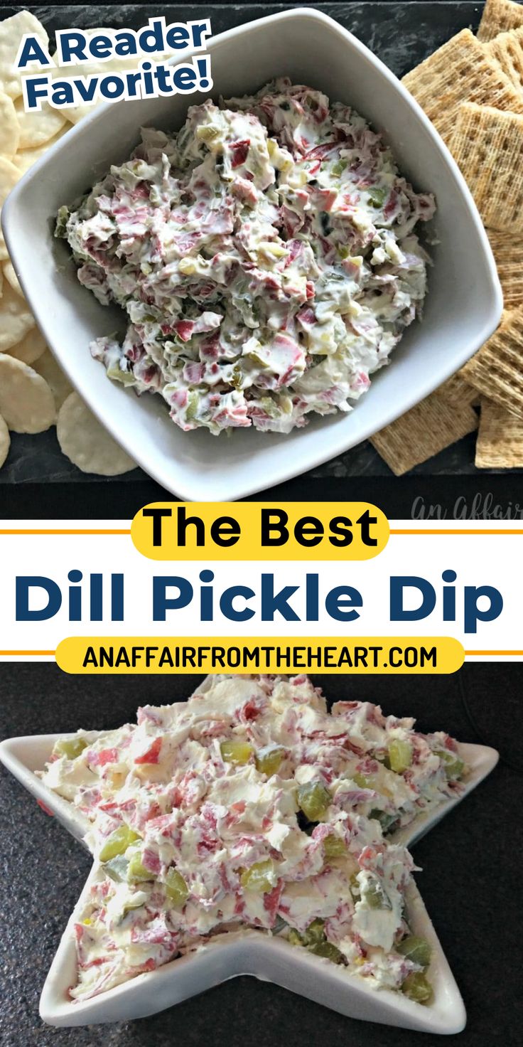 Dill pickle dip in a white, square serving bowl surrounded by crackers. Pickle Wrap Dip, Pickle Dip Recipe, Pickle Wraps, Dill Pickle Dip, Chips Dip, Dried Beef, Homemade Ham, Beef Dip, Pickle Dip