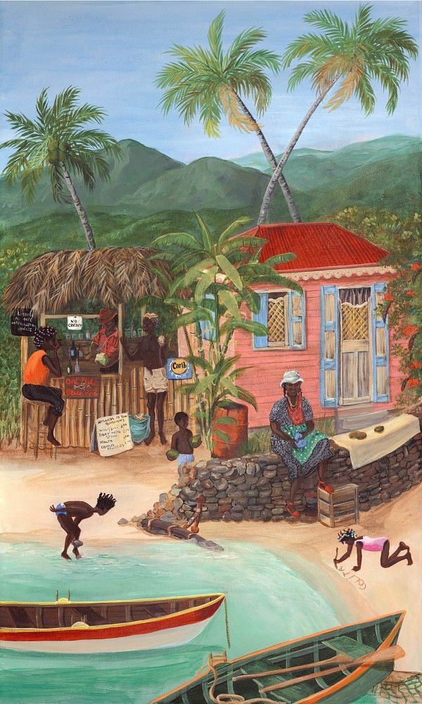 a painting of people on the beach with boats in the water and palm trees behind them