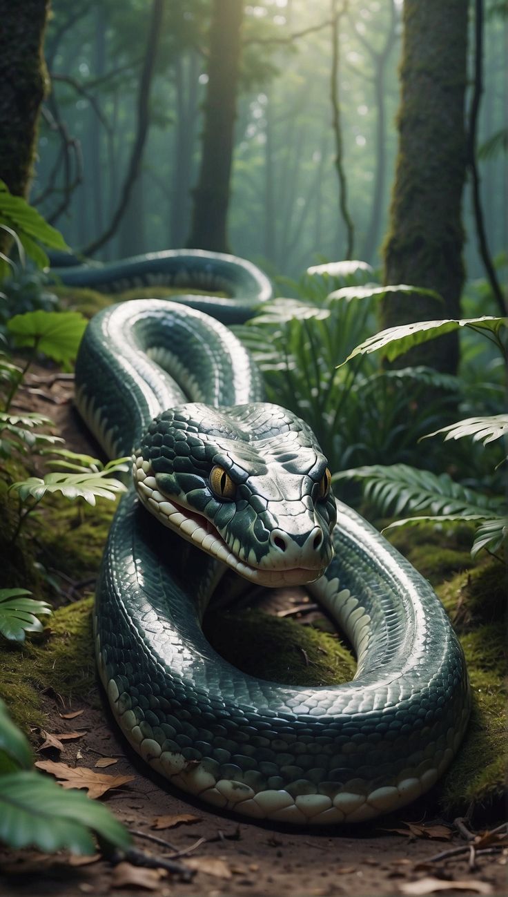 a snake that is laying down on the ground in the forest with trees and plants