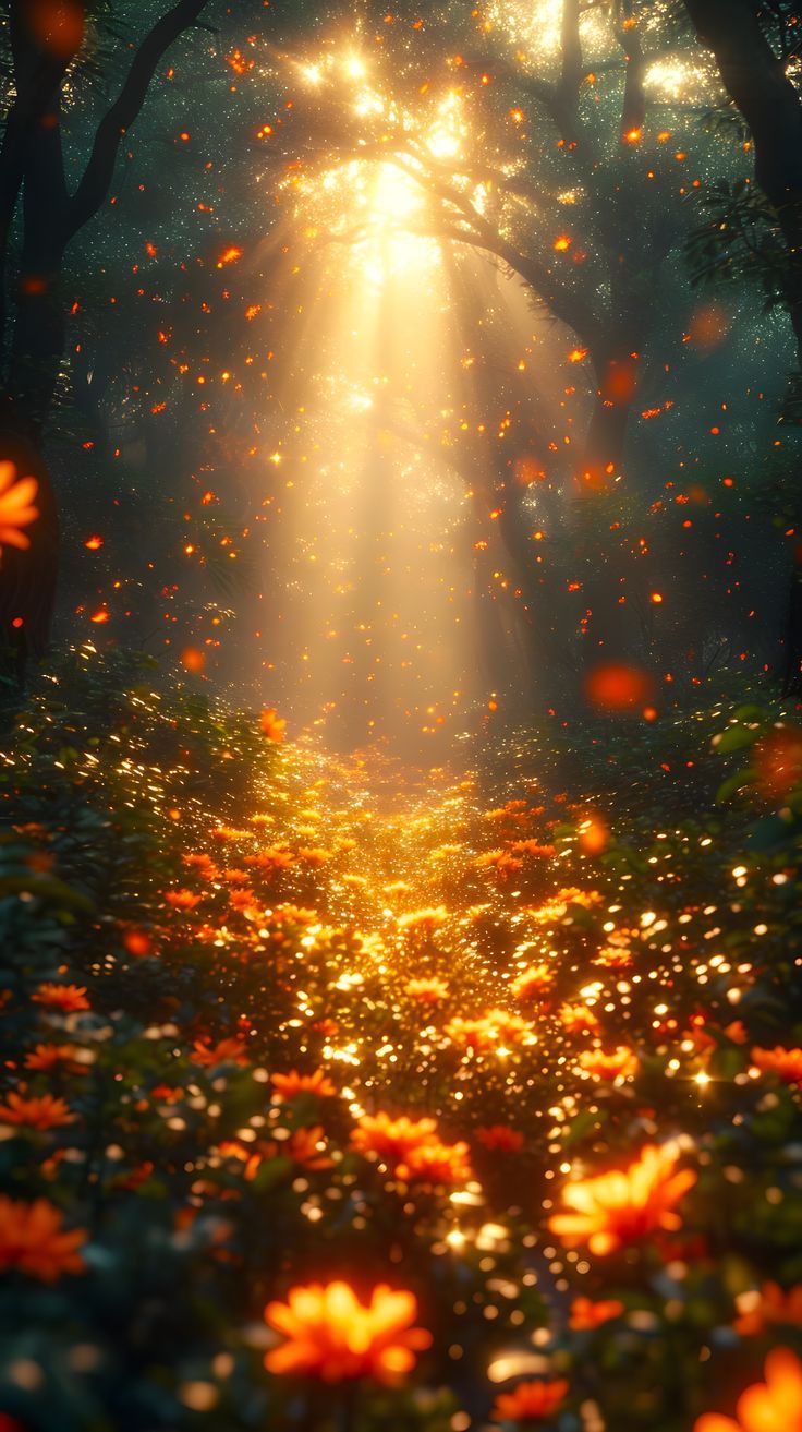 the sun shines brightly through the trees and flowers in the forest, illuminating bright light