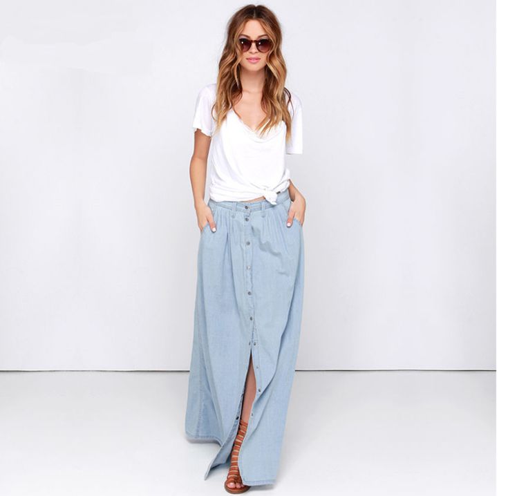 Loose High Waisted Breasted Long Denim Skirt Casual Denim Skirt, Tencel Denim, High Waist Long Skirt, Long Denim Skirt, Skirt Casual, Boho Girl, Style Preppy, Estilo Chic, Looks Street Style