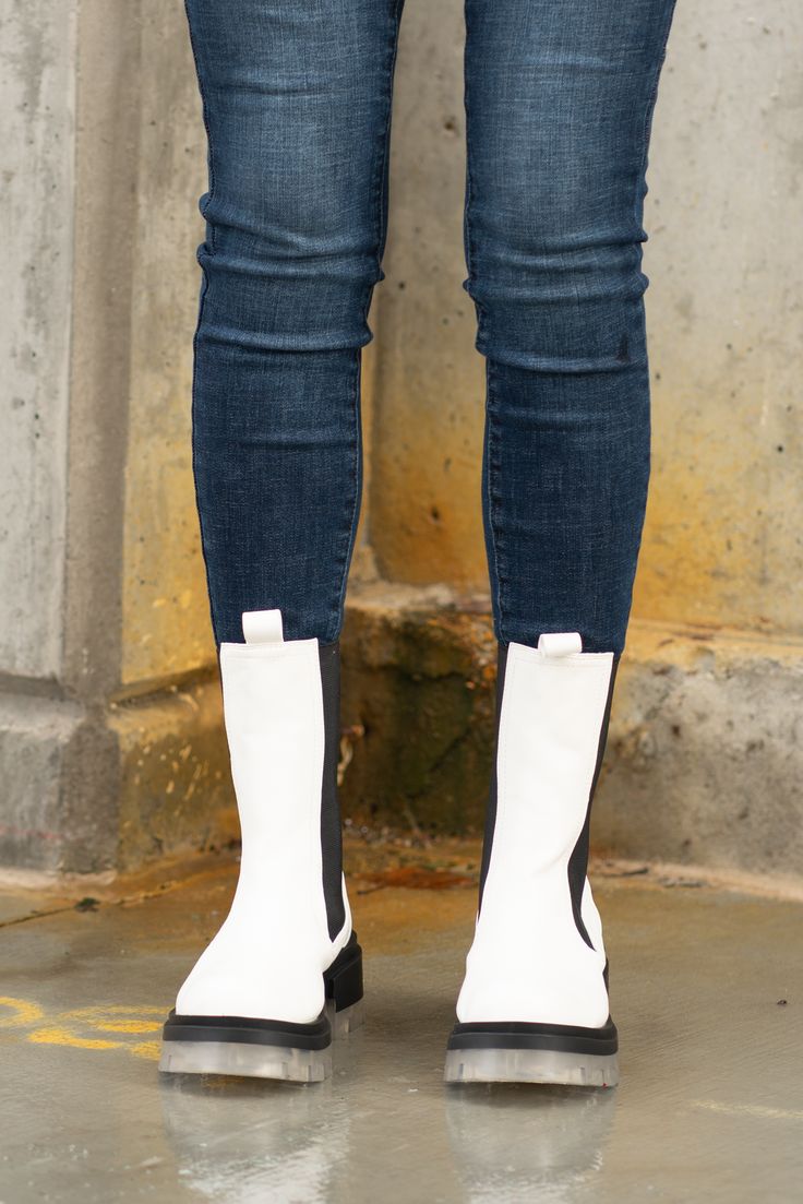 Boots by Qupid Style Name: Outshine Chelsea Color: White Cut: Pull-On Open Boot 3" Stacked Heel Algae Foam Insole Material. Outsole: Rubber Upper: Textile/Manmade Recycled Material Contact us for any additional measurements or sizing. Qupid Shoes, Shoes White, Stacked Heel, Shoe Box, Chelsea Boots, Sale Items, Blue Denim, Chelsea, Color White