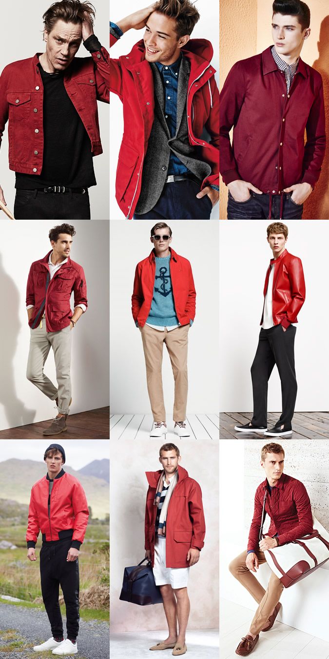 Men's Red Outerwear and Jackets - Outfit Inspiration Lookbook Red Jacket Outfit Men, Mens Fashion Formal Gentleman Style, Red Jacket Outfit, Red Outerwear, Jacket Outfit Ideas, Colour Trend, Spring Summer Fashion Trends, Masculine Fashion, 2015 Fashion Trends