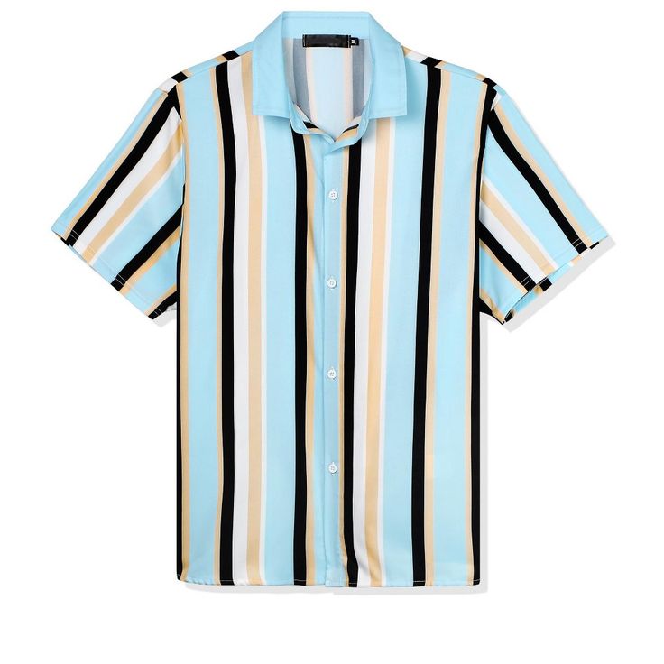 Made from lightweight fabric, this shirt is comfortable to wear and will keep you cool in the summer. The classic-fit shirt tapers throughout the body and hem for a casual look. You can pair it with pants, jeans, or shorts to complete your casual look. Add a stylish outfit option to your everyday wardrobe with this unique striped short-sleeved shirt. Blue Camp Shirt With Spread Collar For Summer, Blue Spread Collar Camp Shirt For Summer, Summer Blue Shirt With Camp Collar, Blue Camp Collar Shirt For Summer, Blue Summer Camp Shirt With Spread Collar, Blue Short Sleeve Shirt With Spread Collar For Summer, Light Blue Collared Camp Shirt For Summer, Light Blue Collared Shirt For Vacation, Light Blue Short Sleeve Camp Shirt For Summer