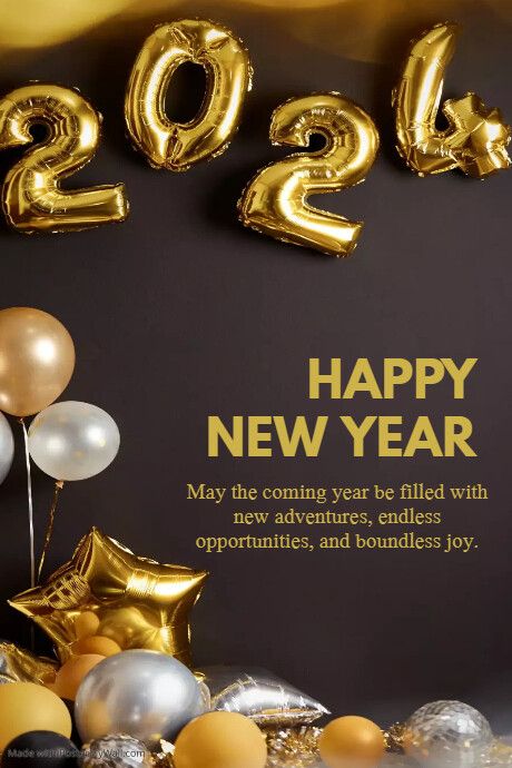 balloons and streamers with the words happy new year written in gold on a black background