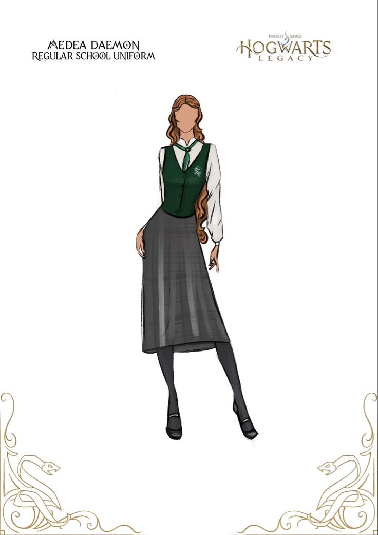 a drawing of a woman wearing a skirt and top with long sleeves, in front of a