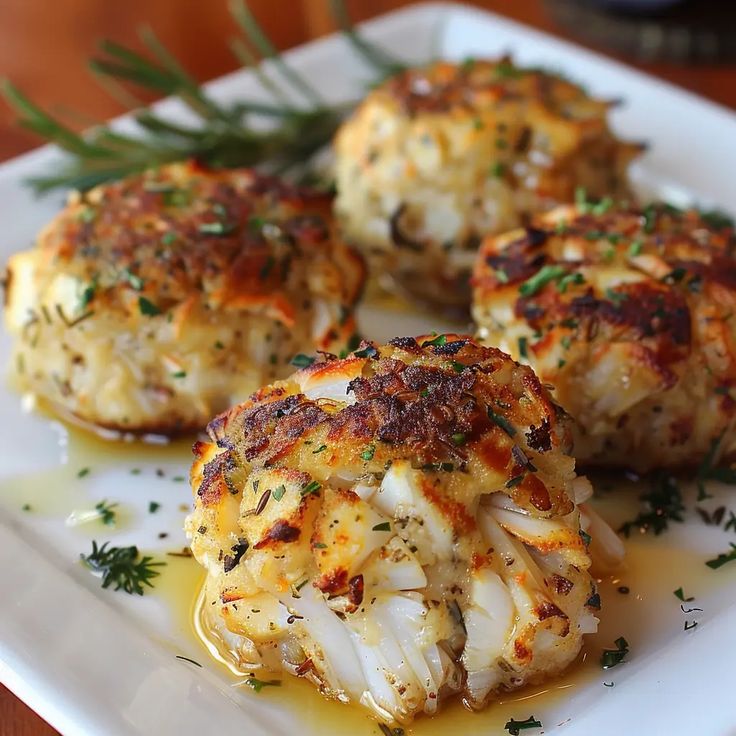 four crab cakes on a white plate topped with mustard and parsley garnish